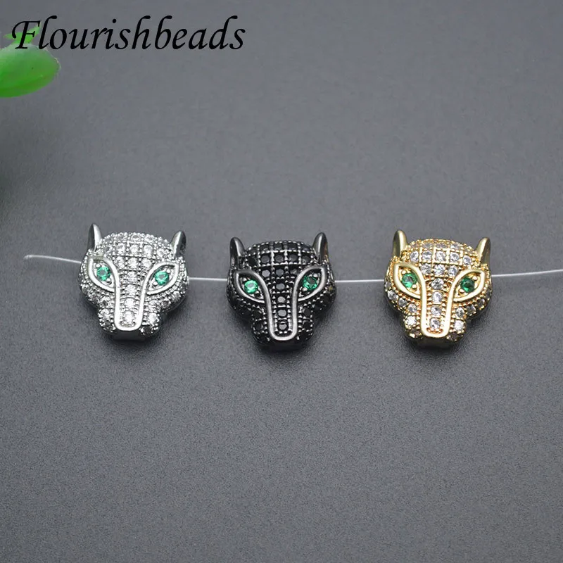 Wholesale 30pcs/lot Paved CZ Beads Leopard Head Metal Copper Animal Loose Beads Decora Charms for DIY Jewelry Making Parts