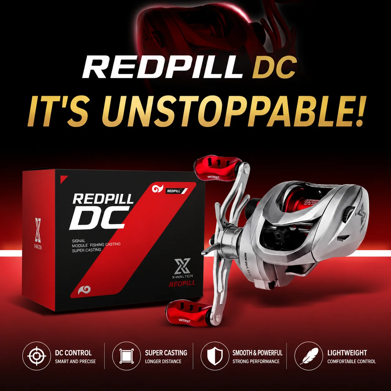 Carretilha de Pesca XIWALI REDPILL DC 165g Ultraleve em Liga de Alumínio com Sistema de Freio Eletrônico, Lançamento Longo, Recolhimento Suave e Ergonômico