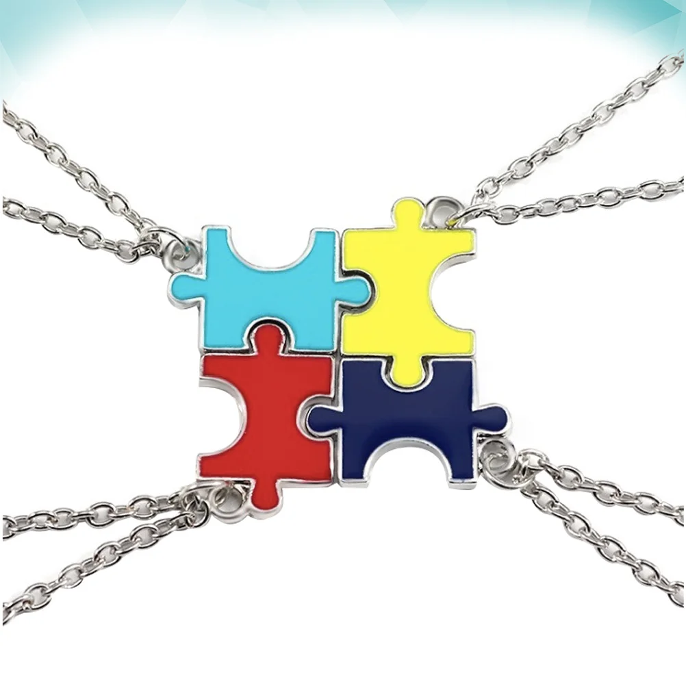

4pcs Colorful Charm Necklace Puzzle Patchwork Pendant Friendship Theme Alloy Fashion Jewelry Gift For Best Friends Lightweight