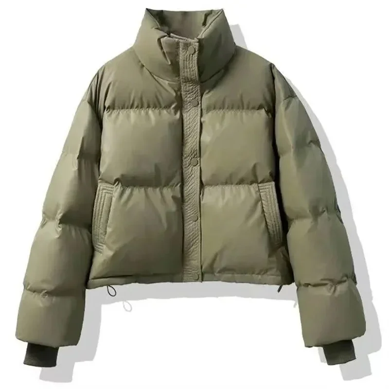 Pop CoffeeMaillard Stand Up Collar New Short 2024 Winter Petite Fashion Bread Warm Thickened PU Leather Down Cotton Jacket For W