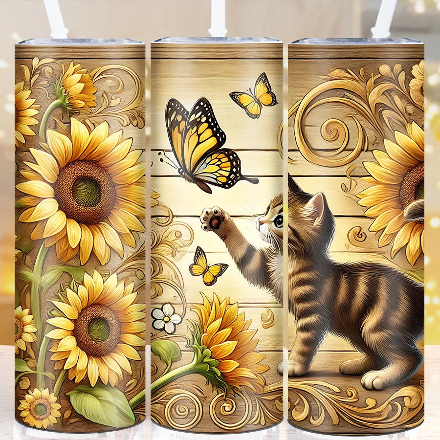 

3D Print Cat&Sunflower Party Art Tumbler Straw Lid 1Pc 20oz Stainless Straight Water Bottle Christmas Thanksgiving Festive Gift