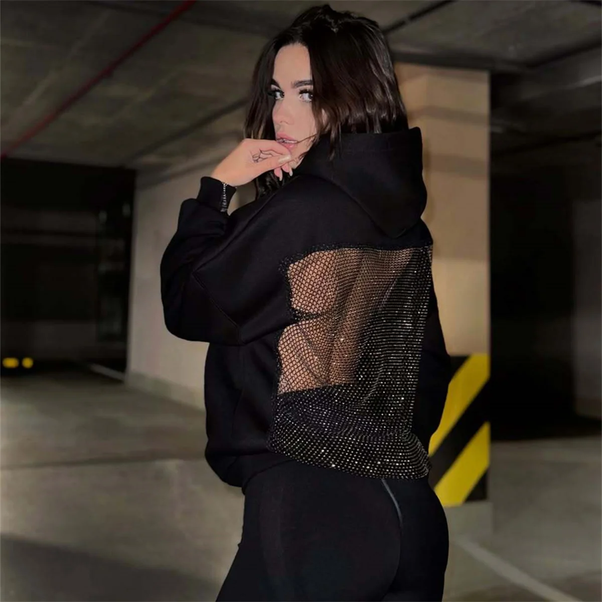 Sexy Hollow Mesh Hoodies, übergroße Gothic-Y2K-Bluse für den Winter, rückenfreie Pullover-Sweatshirts für Damen, lässige Jacke mit langen Ärmeln