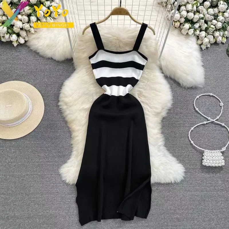 

Sexy Striped Patchwork Knitted Spaghetti Strap A-line Dress for Women 2024 New Fashion Elegant Slim Bodycon Party Sweater Dress