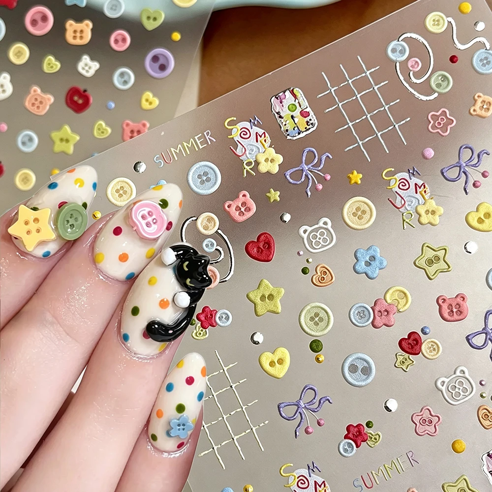 1Pcs Colorful Cute Button Nail Art Sticker 5D Embossed Star Heart Bear Flower Design Buttons Cartoon Nail Decal DIY Manicure Dec