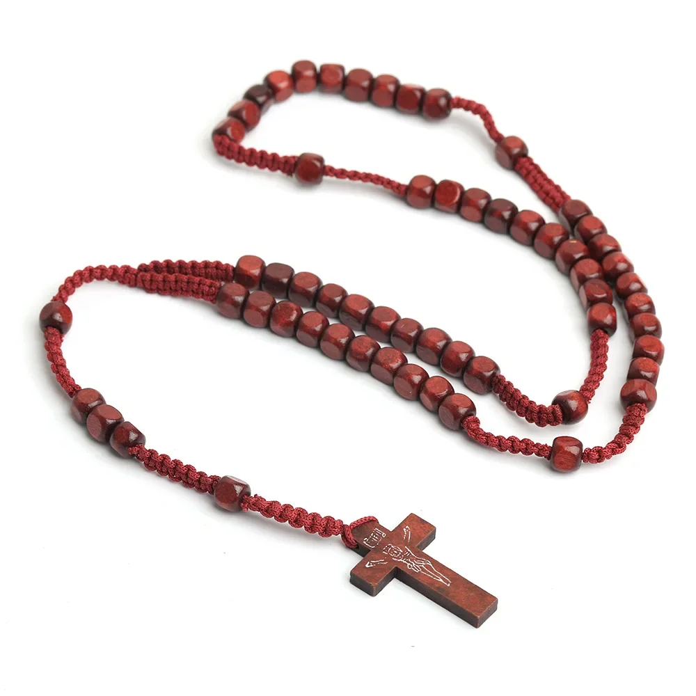 Handmade Square Wooden Rosary Necklace For Women Men Catholic Crucifix Cross Pendant 8MM Bead Chain Prayer Fashion Party Jewelry