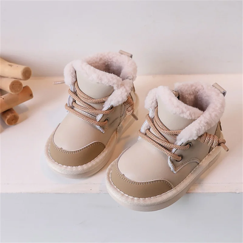 2023 New Winter Baby Boots For Boys Leather Warm Plush Little Girls Shoes Waterproof Non-slip Fashion Toddler Kids Snow Boots