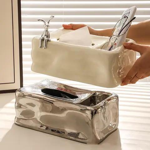 Silver Keramik Pappershanddukslåda Oregelbunden Isformad Silver Kanin Servetthållare Pappershanddukshållare Förvaring på skrivbordet 10 best sales silverförpackning med näsdukar - №10