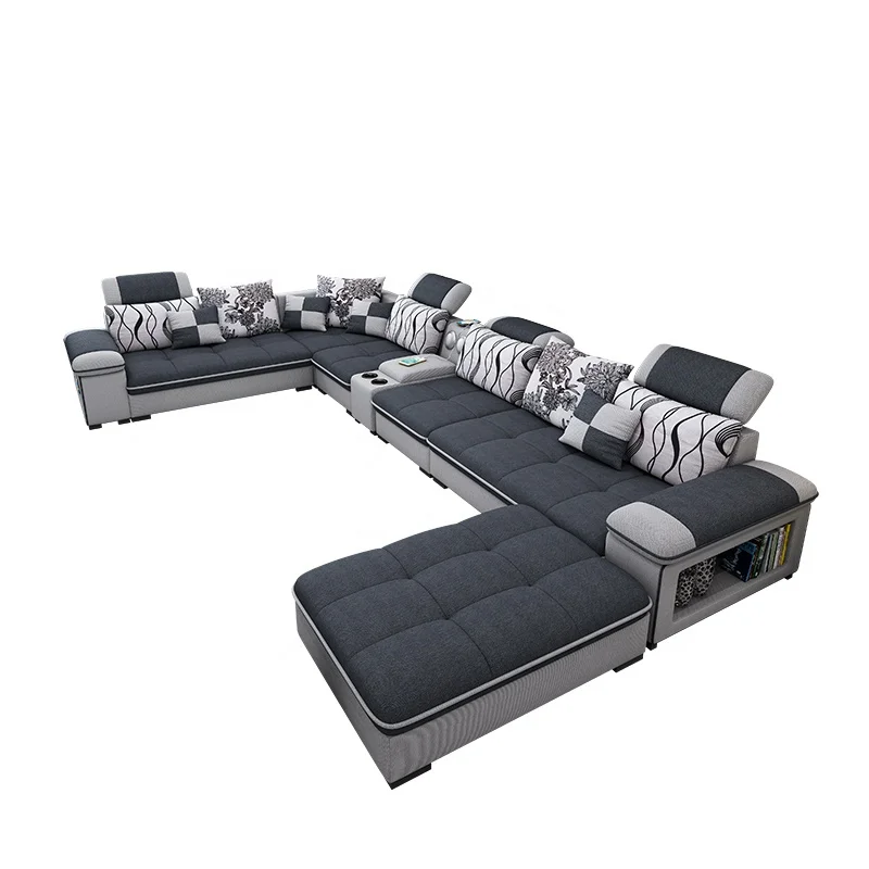 

Modern simple living room sofa set U-shaped sleepable luxury cloth sofa villa large combination corner function sofa
