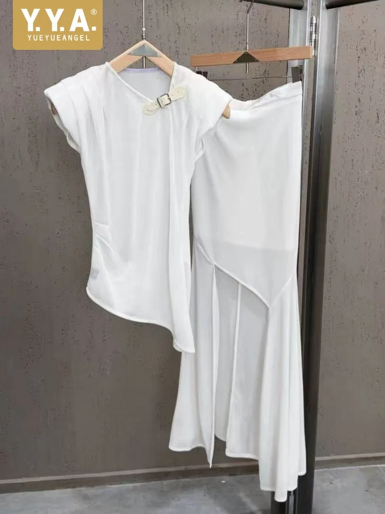 Summer Women Two Piece Set Fashion Casual Solid Color T Shirt High Waist Asymmetrical Skirt Elegant Ladies Matching Set Outfit