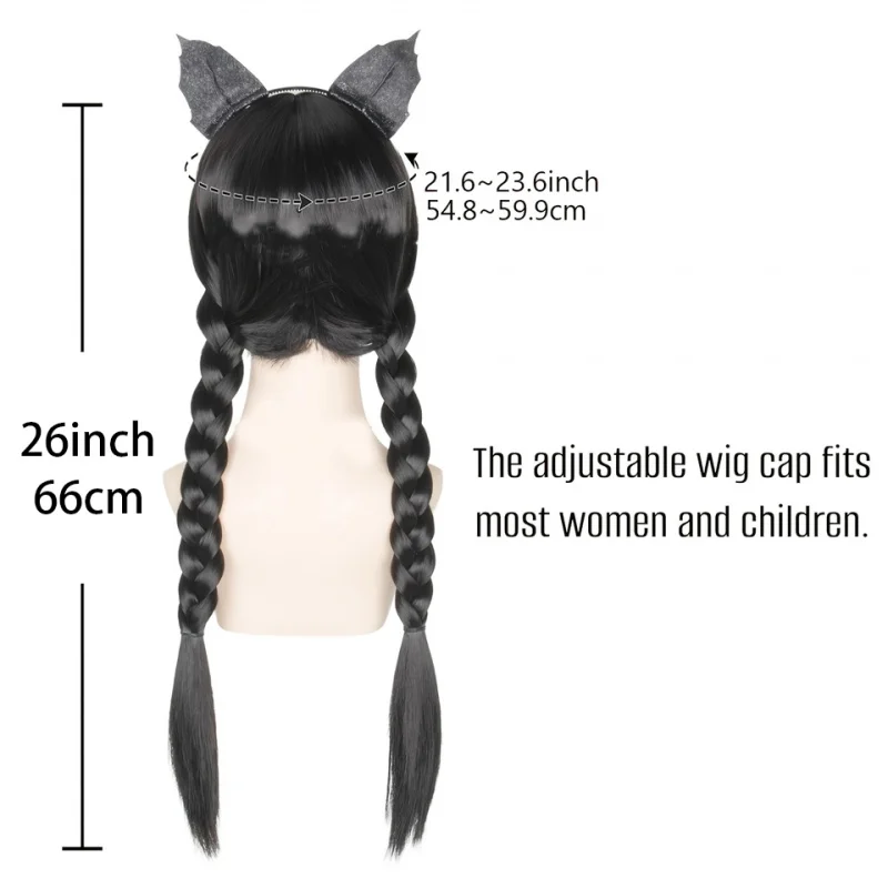 شعر مستعار الأربعاء ‌   طقم باروكة نسائية سوداء مع غرة وضفائر مزدوجة، عصابة رأس قوطية للهالوين، كوسبلاي، شعر صناعي