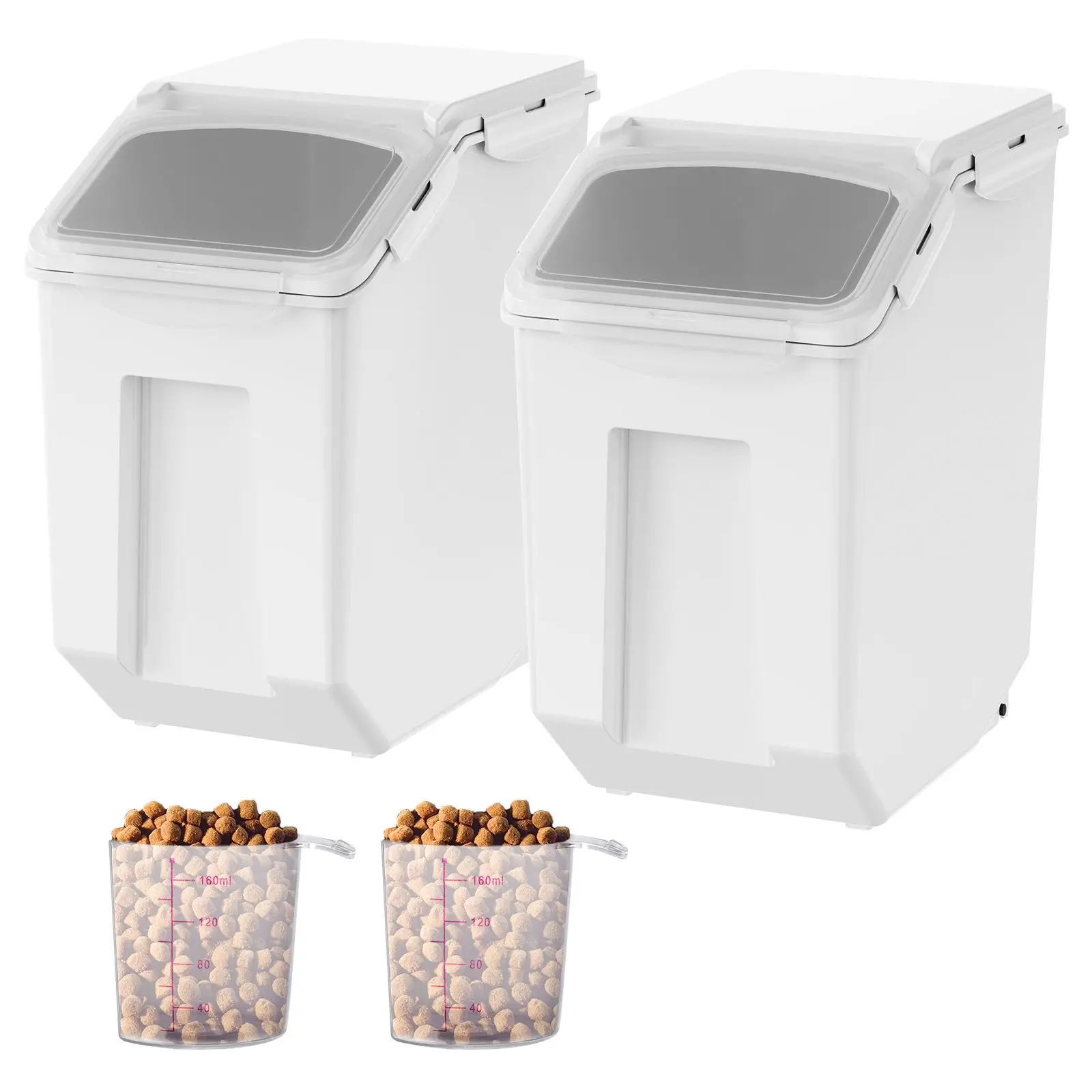 Ingredient Storage Bin, 2 X 15L Dispenser Bin with 2 Measuring Cups, Attachable Casters and Airtight Lid, 2 Pcs/Set Dog Pet