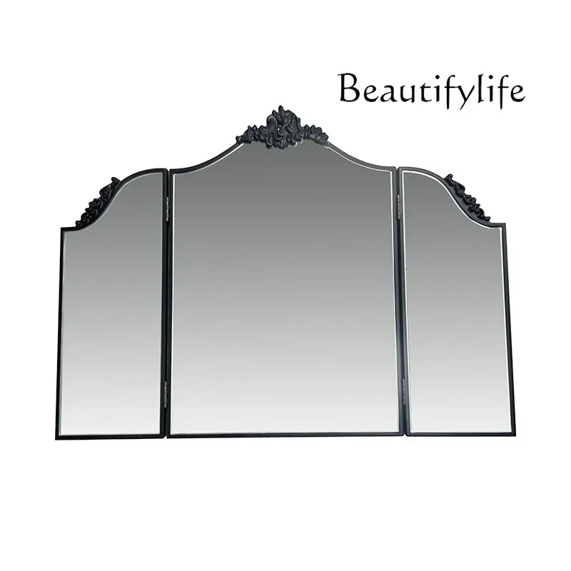 BJ YEuropean Retro Carved Dresser Makeup Mirror Desktop Tri-fold Mirror Three-sided Folding Mirror Bedroom Decoration French Sty