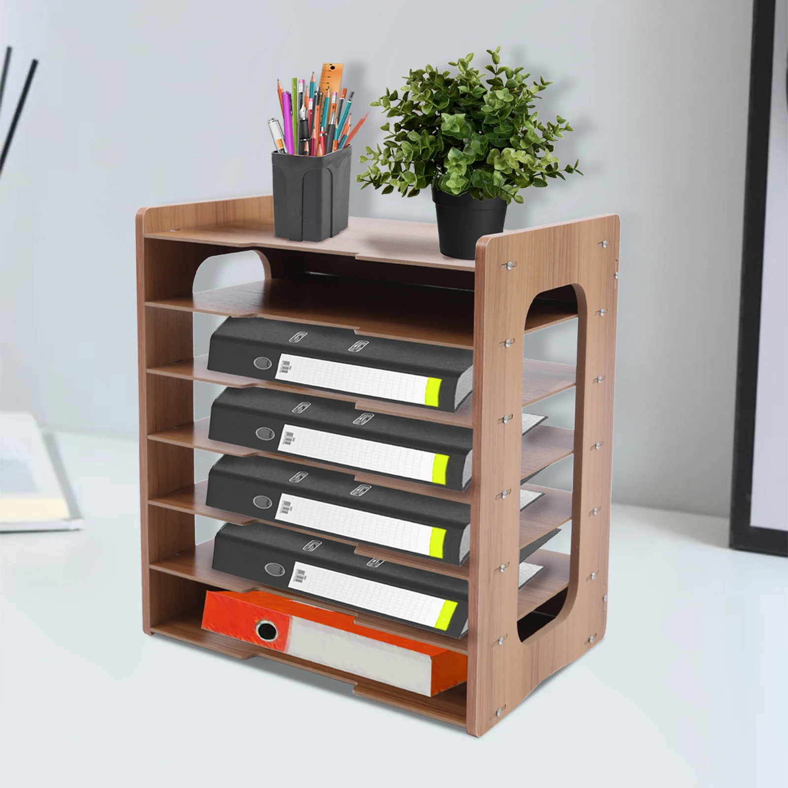 7-tier Widen Wood Paper Desktop Organizer File Holder Document Book Magazine Storage Shelf Rack for Home Office School Classroom