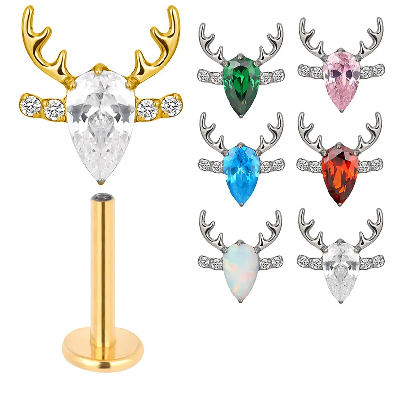 

ASTM F136 Titanium EAR PIERC Deer Head Shape with Zircon Top Cartilage Tragus Earrings Ear Lip Studs Tongue Piercing Jewelry
