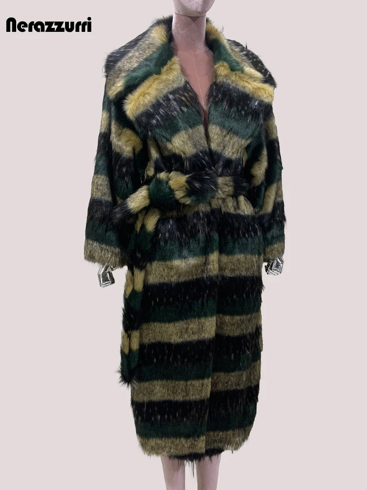 Nerazzurri Jesień Zima Długi Ciepły Gruby Pasiasty Włochaty Miękki Sztuczny Futrzany Płaszcz Damski Luksusowe Markowe Ubrania Moda Pokazowa