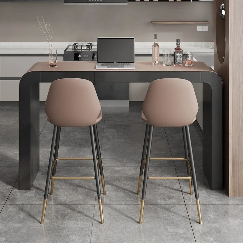 Italian saddle leather bar, open kitchen home bar table, high-end solid wood custom high bar table and chairs