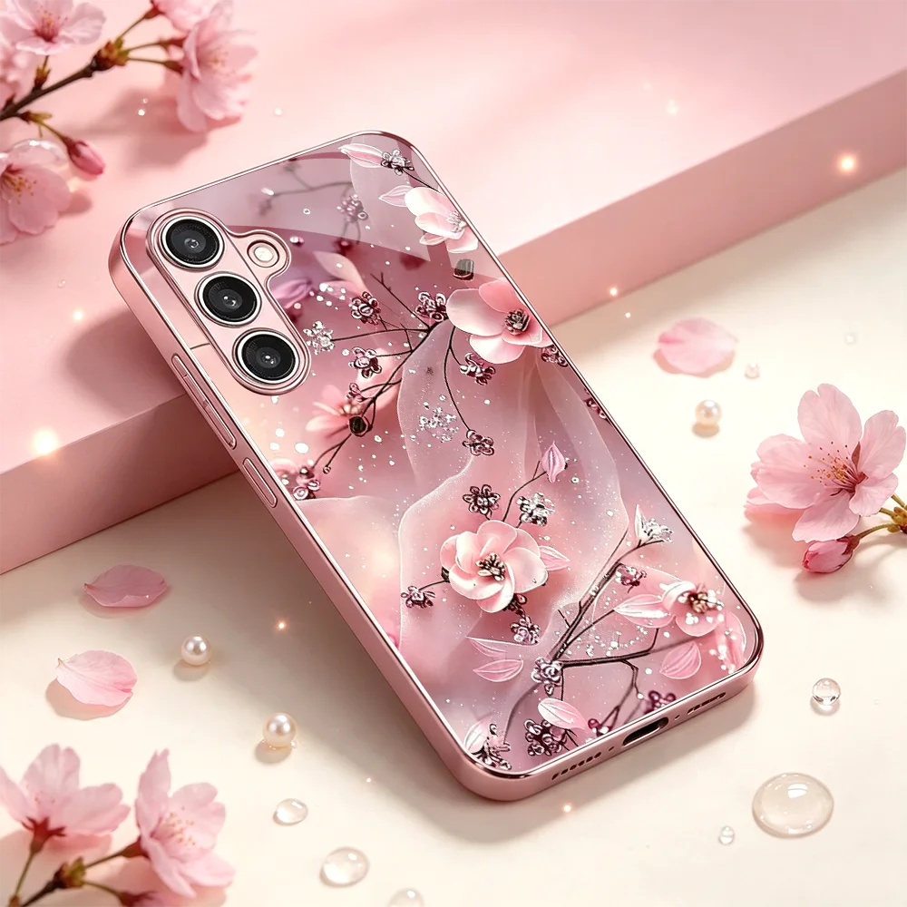 Blossoming pink sakura Tempered Glass TPU Fashion phone case for Samsung Galaxy S26/S25/S24/S23/S22/S21 FE Ultra Plus Shockproof