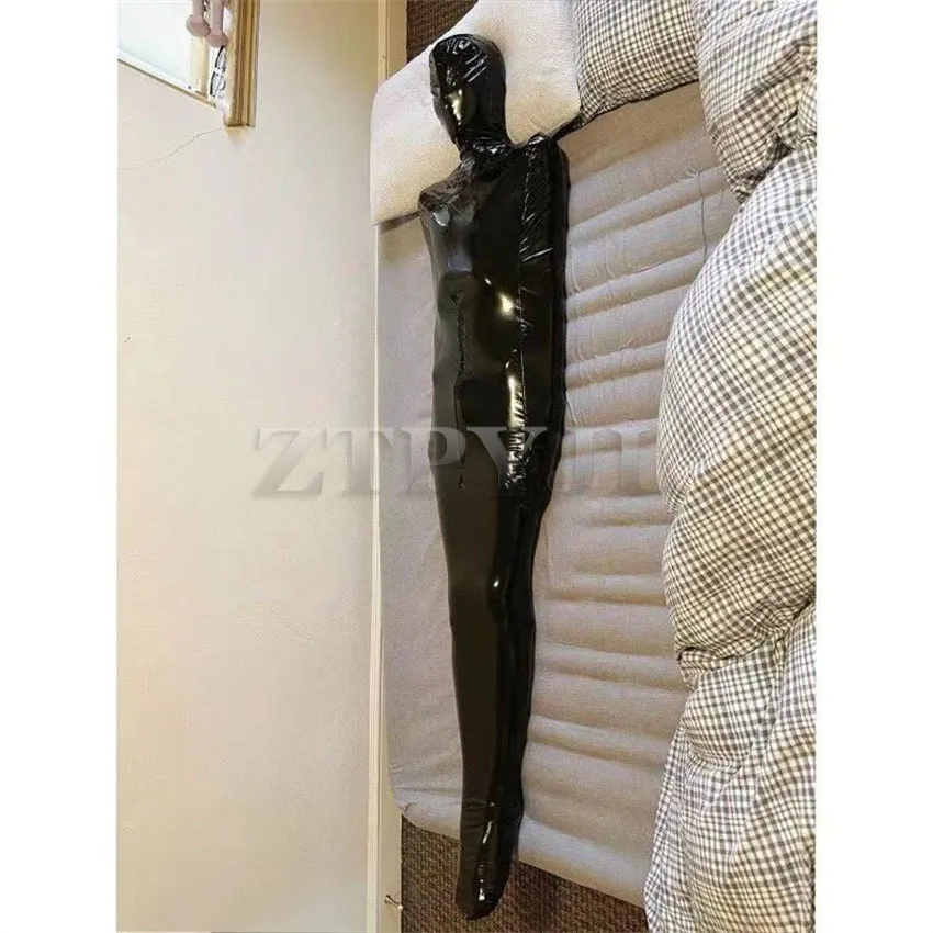 Unisex Self Bondage Black Shiny PU Bodysuit, Trajes de múmia, Saco de dormir, Sexy Catsuit, Frente com zíper, Halloween Cosplay