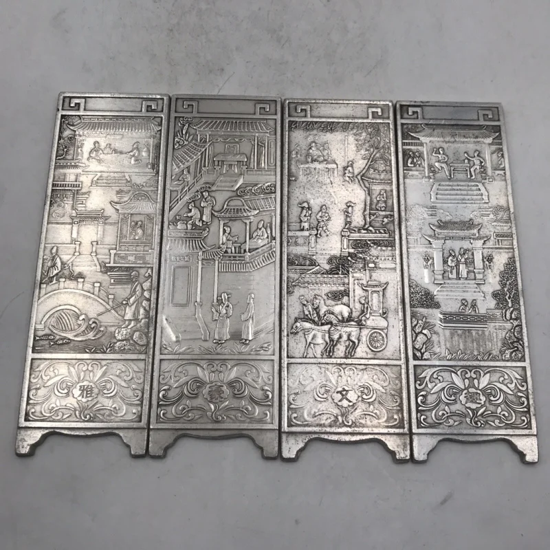 Bronze Literary Screen Ornament Exquisite Bronze Silver-Plated Small Screen Set of Four Home Decoration Craft Gift