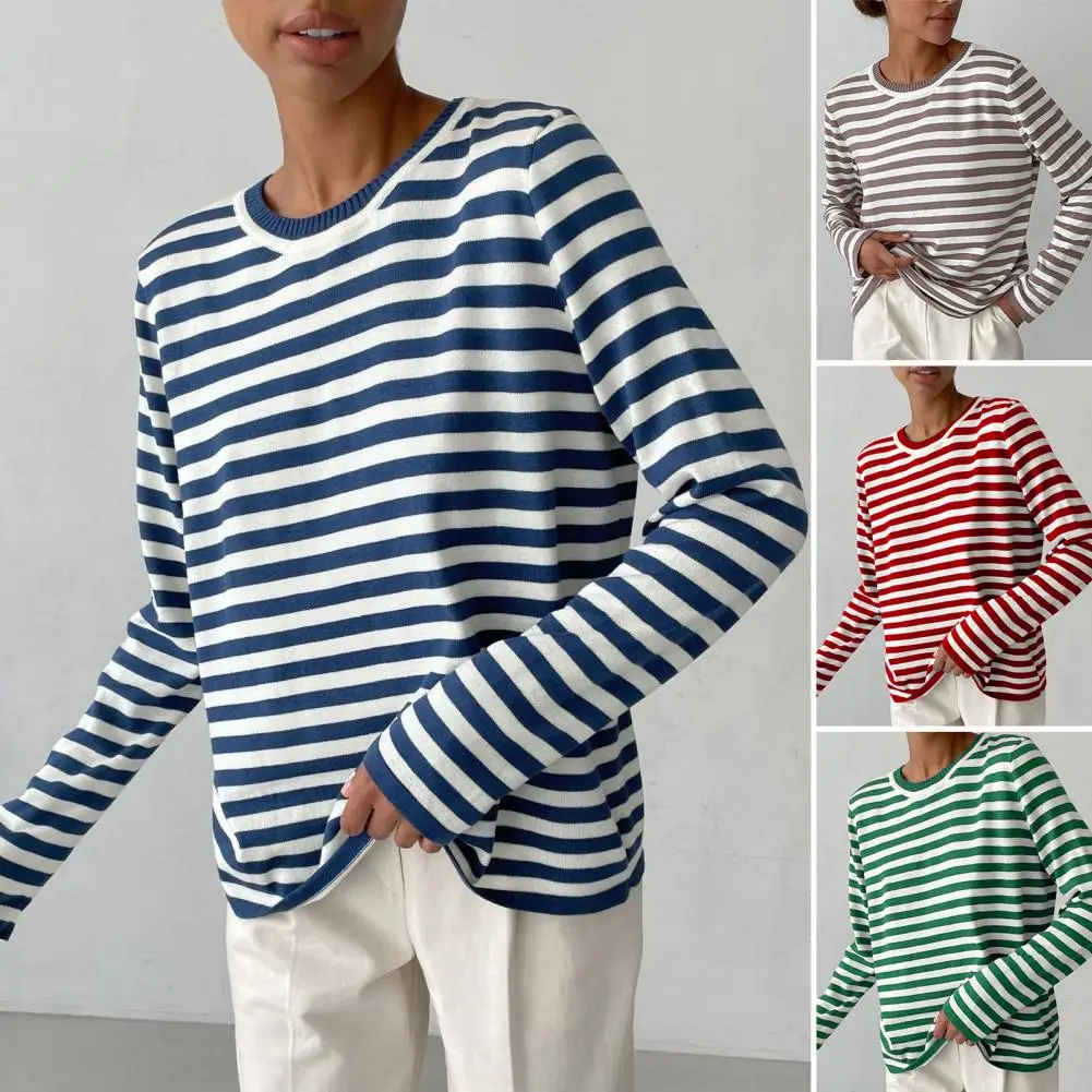 Casual Daily Wear Top Striped Print Sweater Loose Fit Women's Top for Daily Wear with Retro Knitting Design Stretchy Fabric