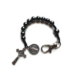 QIGO Hematite Beads Pocket Car Rosary Cross Saint Benedict Bracelets Religious Jewelry