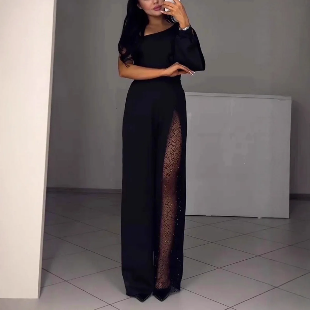 Slanted Shoulder Hollow Jumpsuit Design with A Slight Flared Long Pants Sequined Lace Patchwork Jumpsuit Party Dinner Skirt
