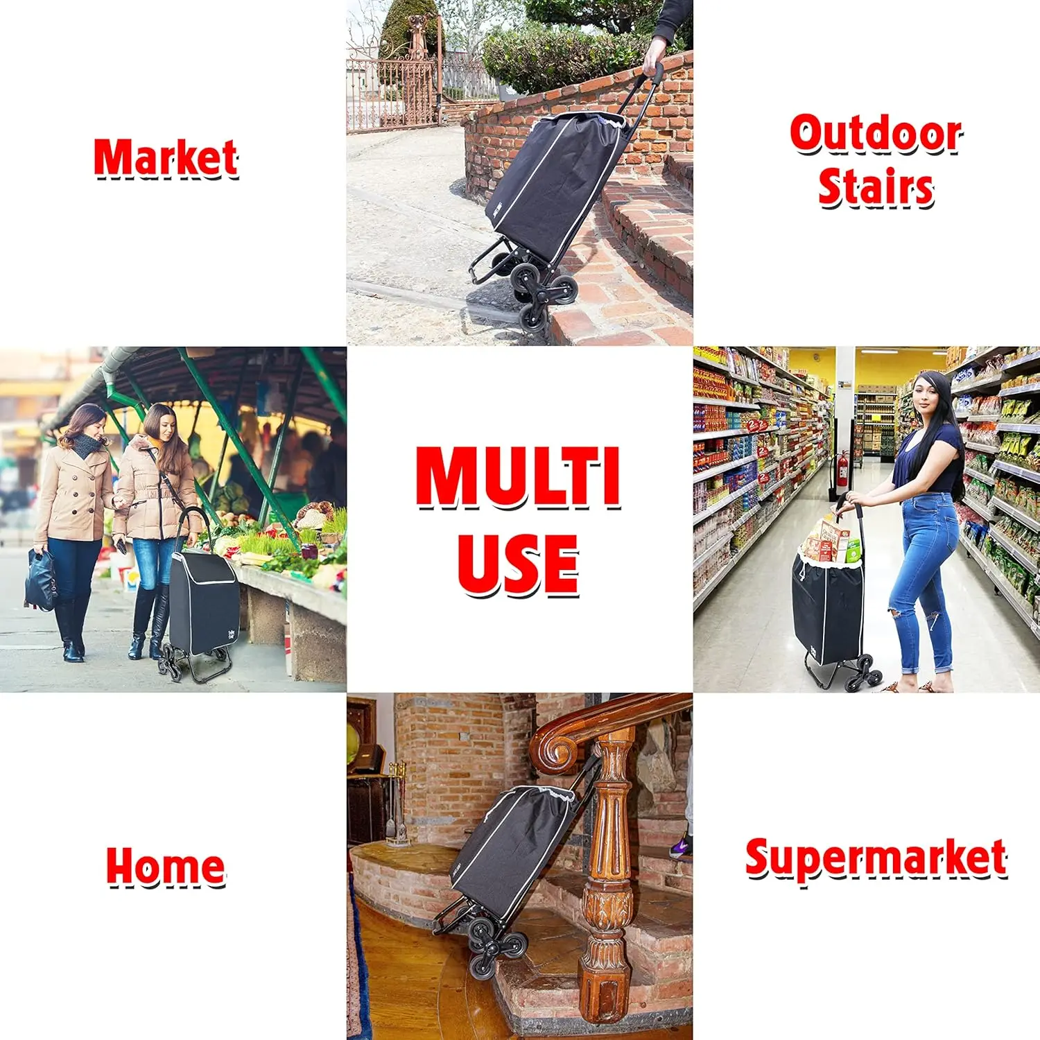 折りたたみ式食料品カート、階段昇降ホイール付き、取り外し可能なバッグとハンドトラック機能付き - 多用途ローリングトロリー（ブラック）