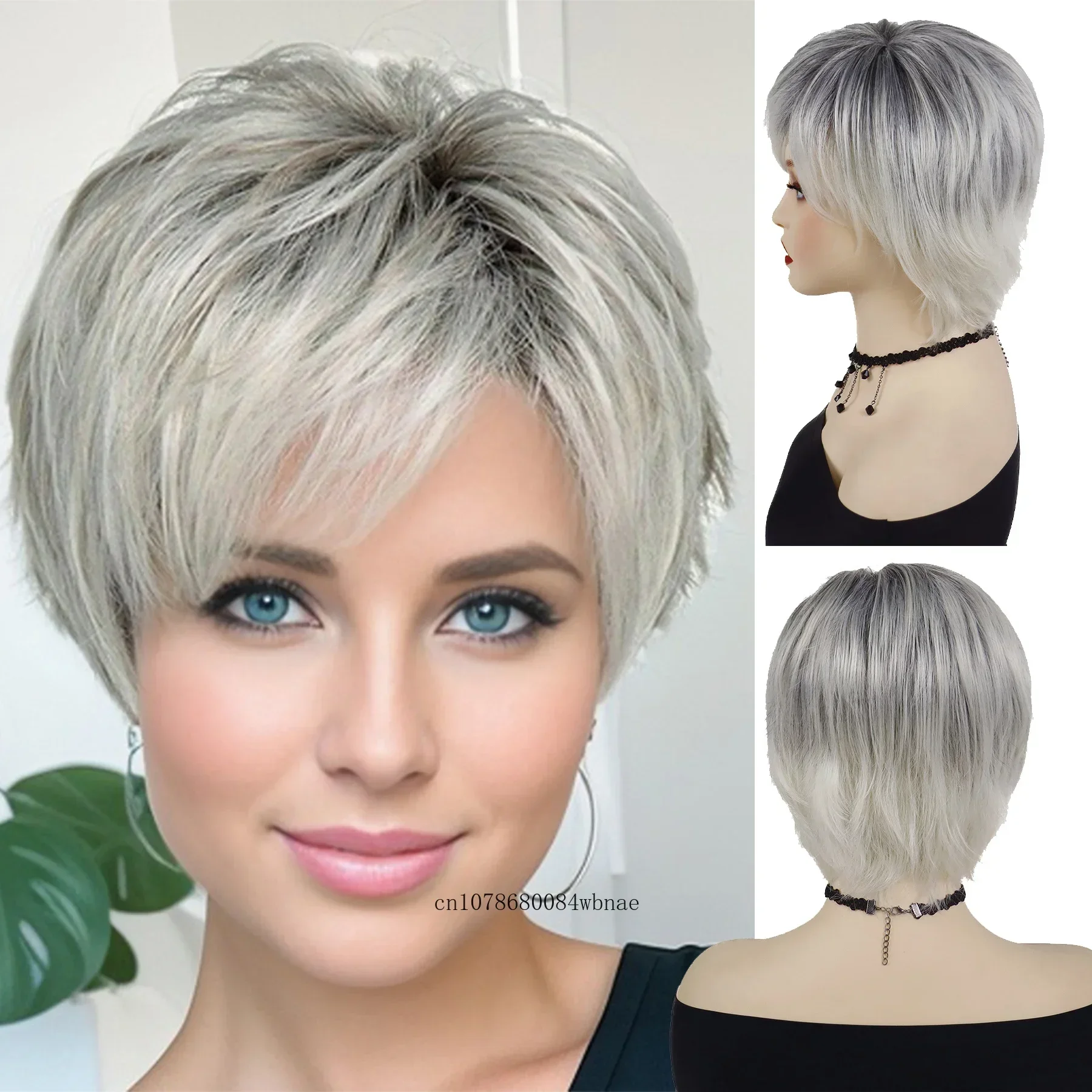 Grandma Grey Synthetic Wigs Short Pixie Cut Wig for Women Older Ladies High Temperature Fiber Daily Cosplay Costume Party Use