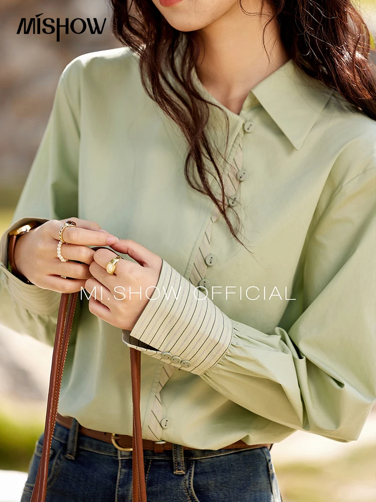 MISHOW Striped Patchwork Shirt for Women Spring 2025 Irregular Single Breasted Buckle Shirts Lapel Tops Office Lady MXE12C0412