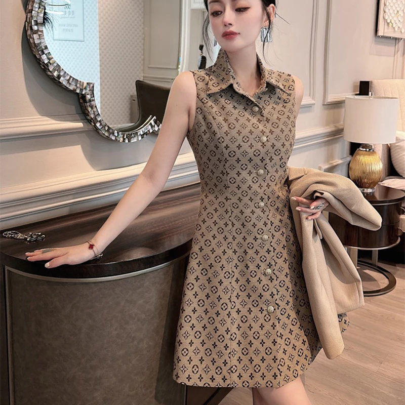 Elegant Luxury Women’s Suit Designer Style For Autumn Winter Letter Printed Flip Collar Tank Skirt Coat Two Piecesкостюм женский