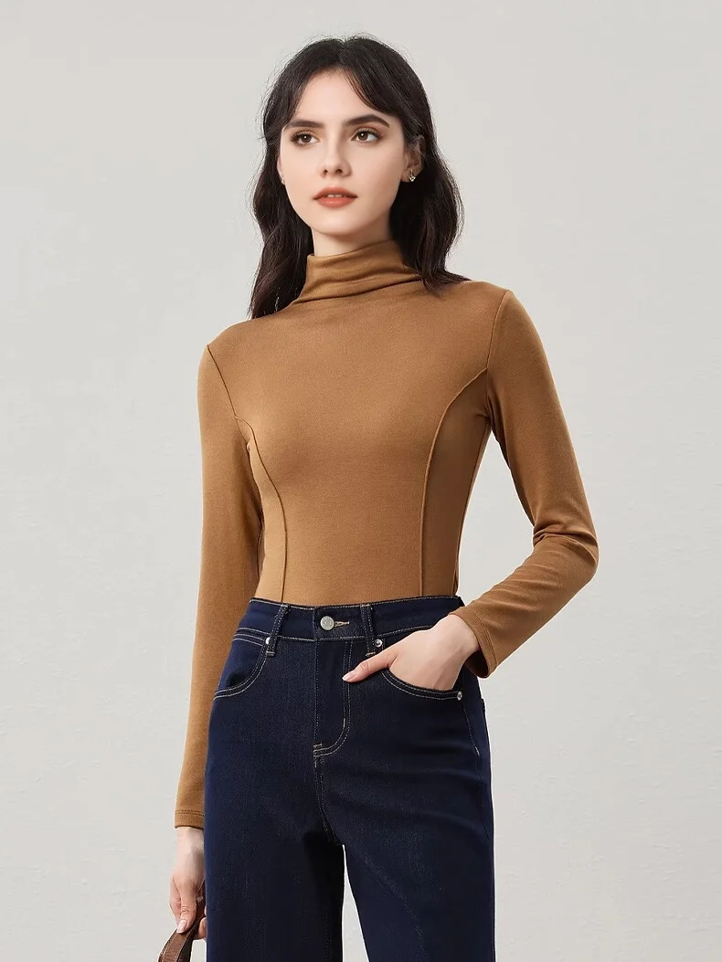 SuyaDream Women's Wool Blend Thermal T-Shirt, Mock Neck, Long Sleeved, Basic Slim Tee, Monochromatic, 2025 Fall, Winter Top