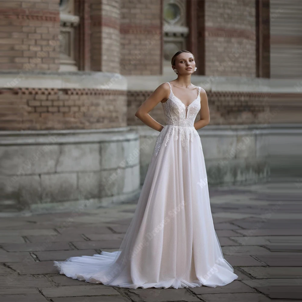 

Elegant A-Line Women's Wedding Dresses Modern Lace Appliques Bridal Gowns Sexy V-Neck Sleeveless Vestidos De Novias Customized