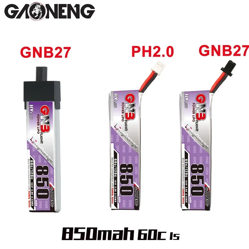 GAONENG GNB 1S 850mAh 3.8V 60C HV 4.35V Lekka, długa bateria Lipo z wtyczką PH2.0 Złącze GNB27 do drona FPV