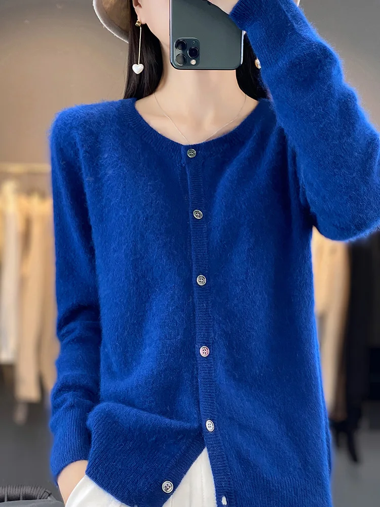 

Women O-neck Cashmere Cardigan Cable Knitting Basic 100% Mink Cashmere Sweater Soft Comfy Simple Style Autumn Winter Knitwear