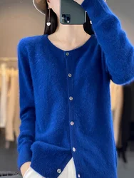 Women O-neck Cashmere Cardigan Cable Knitting Basic 100% Mink Cashmere Sweater Soft Comfy Simple Style Autumn Winter Knitwear
