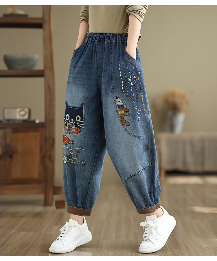 Jeans bordados com patch vintage feminino, jeans de perna reta angustiado, calça harém, jeans lavador, solto, elástico na cintura, estilo étnico, outono