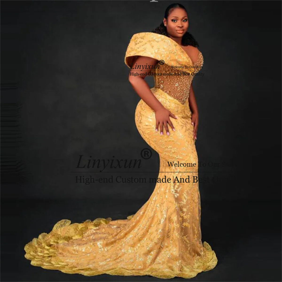 Gold Lace Mermaid Prom Dresses With Sheer Neck Beads Pearls Formal Evening Party Gowns For Black Girls Aso Ebi Robe De Soirée