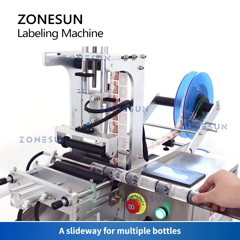 ZONESUN โต๊ะเครื่องติดฉลากทรงกลมขวดน้ําเครื่องดื่มเครื่องสําอางผลิตภัณฑ์ Label Applicator Slideway ZS-TB101
