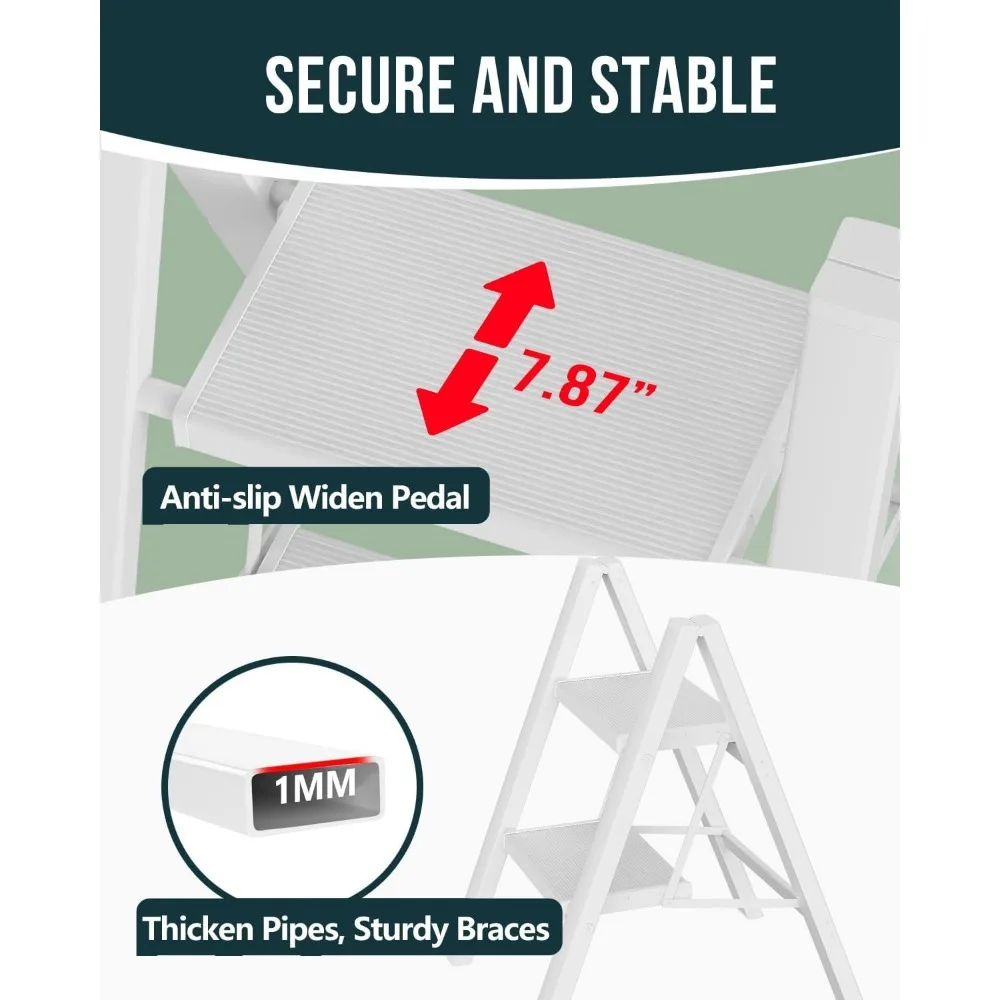 سلم ألومنيوم قابل للطي، سعة 300 رطل، دواسات مضادة للانزلاق، خفيف الوزن وموفر للمساحة للاستخدام المنزلي (خطوةان، أبيض) #5