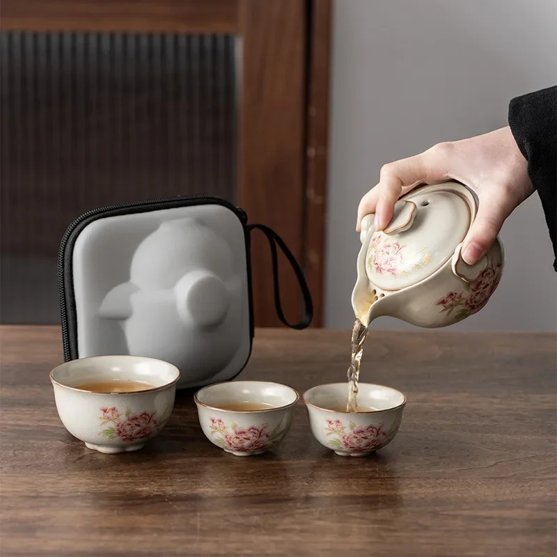 Chinese Ceramic Hand-painted High-end Travel Tea Set, One Pot and Three Cups, Outdoor Portable Commemorative Gift Teacup Teapot