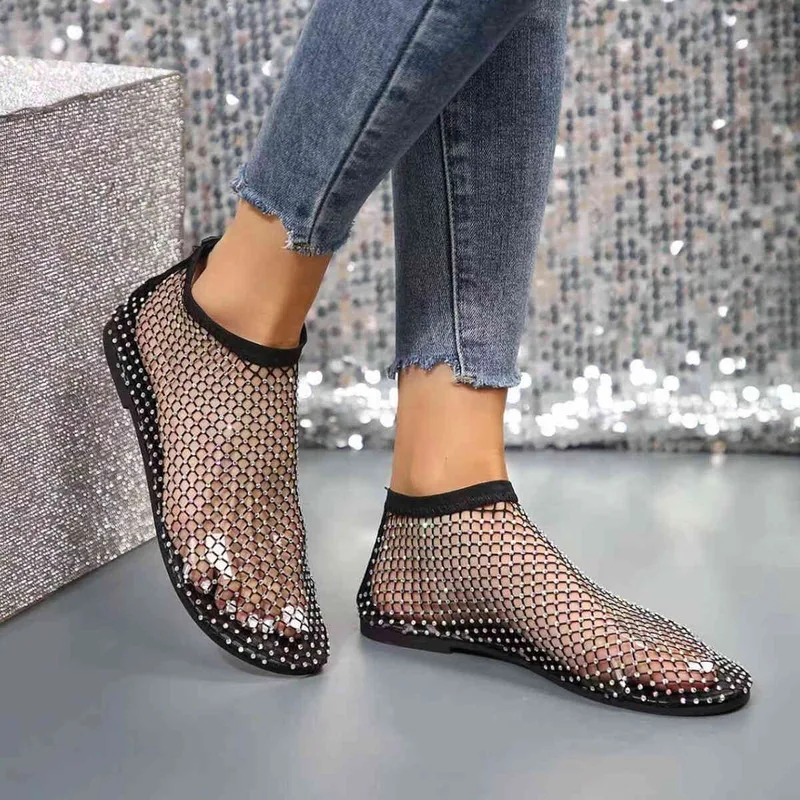 Luxus Atmungsaktive Strass Fishnet Ballerinas Sandalen Vielseitige Frau Mesh Weiche Sohlen Mary Jane Schuhe Damen Sommer Loafer