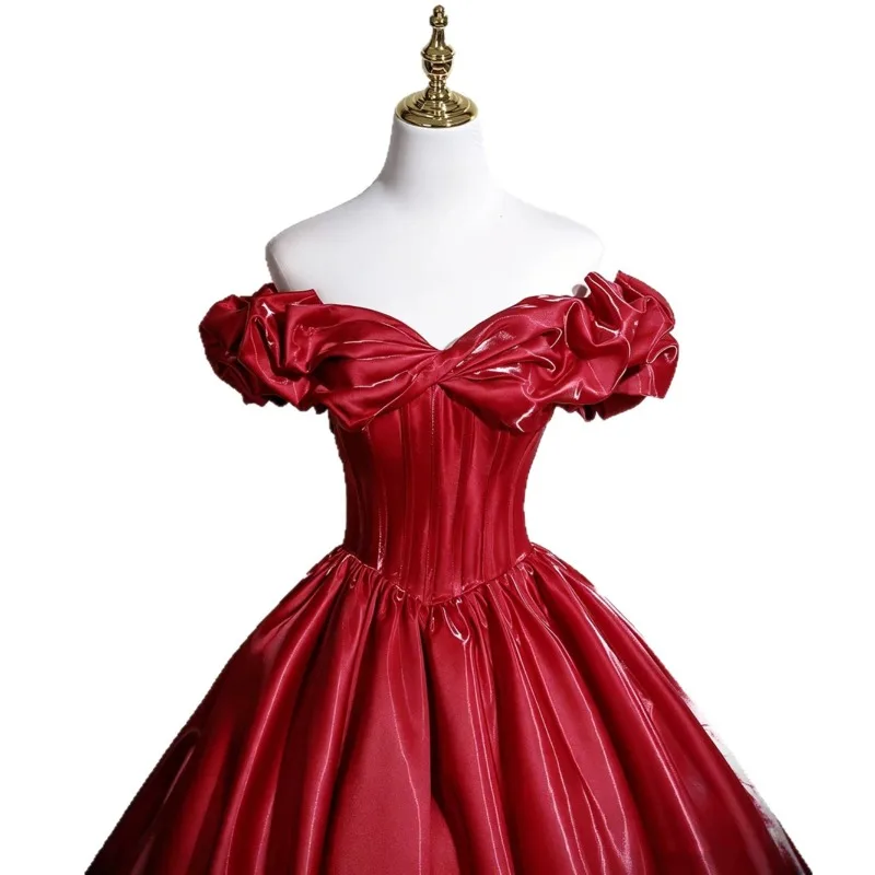 2026 New Women s One Shoulder Red Wedding Toast Dress High Quality Satin Evening Dress Plus Size Long Puff Skirt Customizable view 5