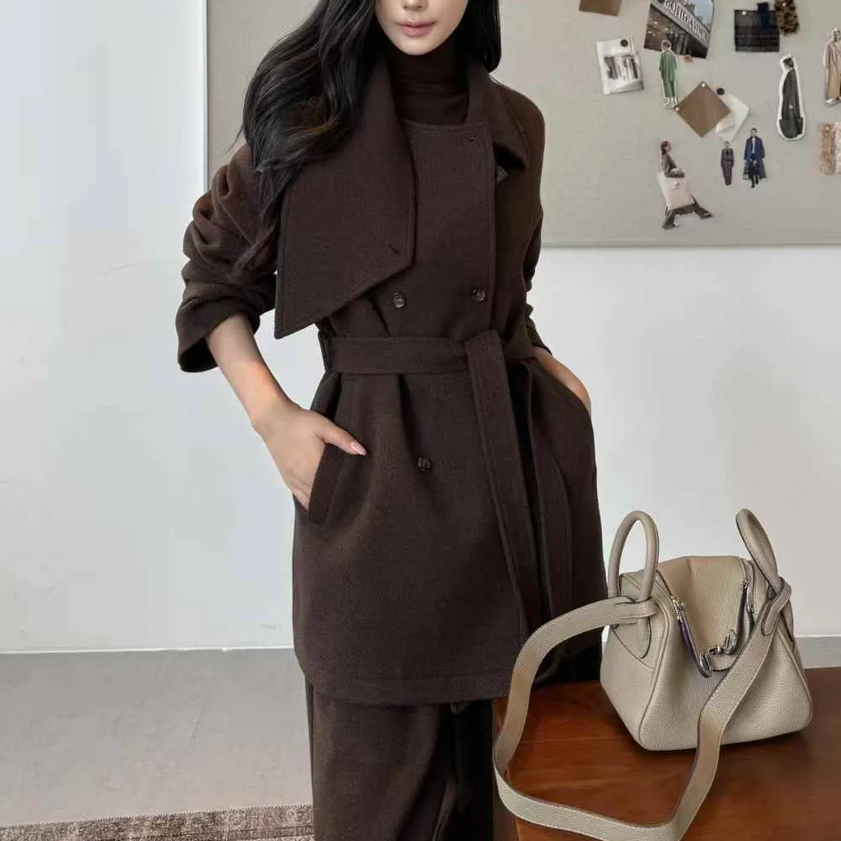 BJTZ-Chaqueta de Tweed gruesa para mujer, abrigo corto, chaqueta informal con cinturón y solapa de gran tamaño, ropa elegante de oficina de lujo de alta calidad, 2025