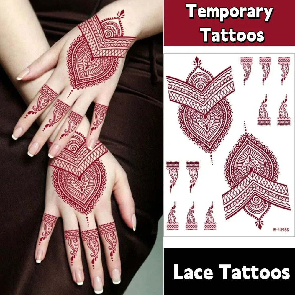 

9pcs Brown Red Lace Fake Tattoos Indian Style Beauty Tool Temporary Tattoos Set Face Hand Feet Body Art Hand Tattoo Stickers