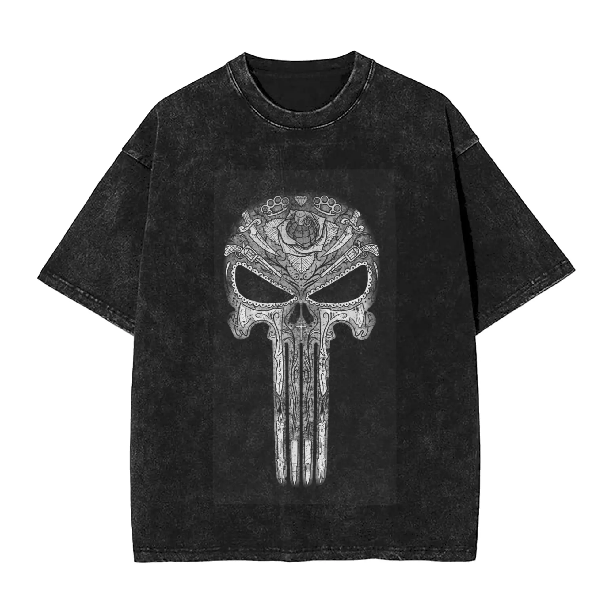 PPUNISHER Heavy Metal Vintage Washed T Shirts Cotton Novelty T-Shirt Crew Neck Punisher Tees Short Sleeve Clothing Plus Size