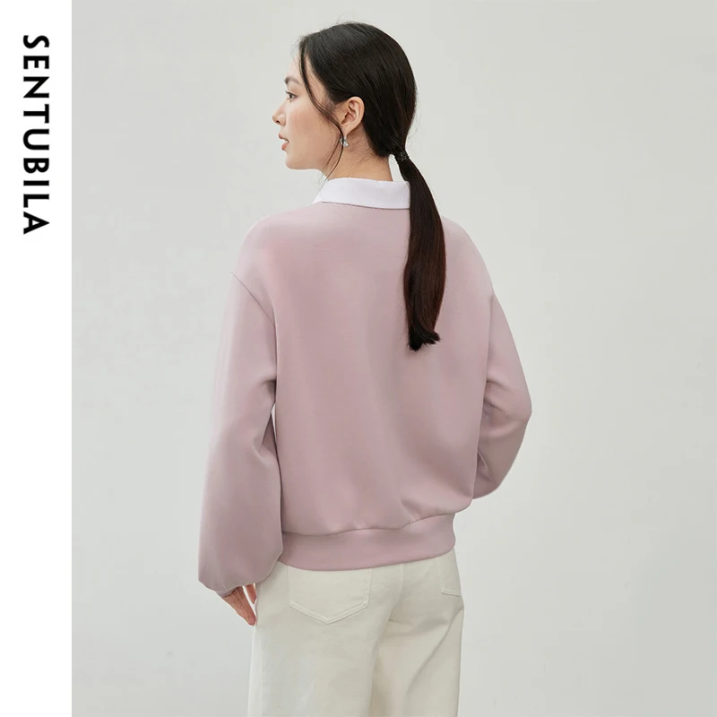 SENTUBILA Patchwork Spliced Sweatshirt for Women 2024 Winter Cotton Casual 2 in 1 Pullover Embroidery POLO Neck Tops 143A56445