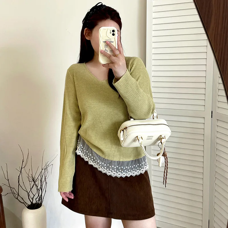 

plus Size Women's Casual V-Ne Top Splice Lace Bot irt Autumn Knitted Sweater Sweet Sle Polyester Fiber Long Sve