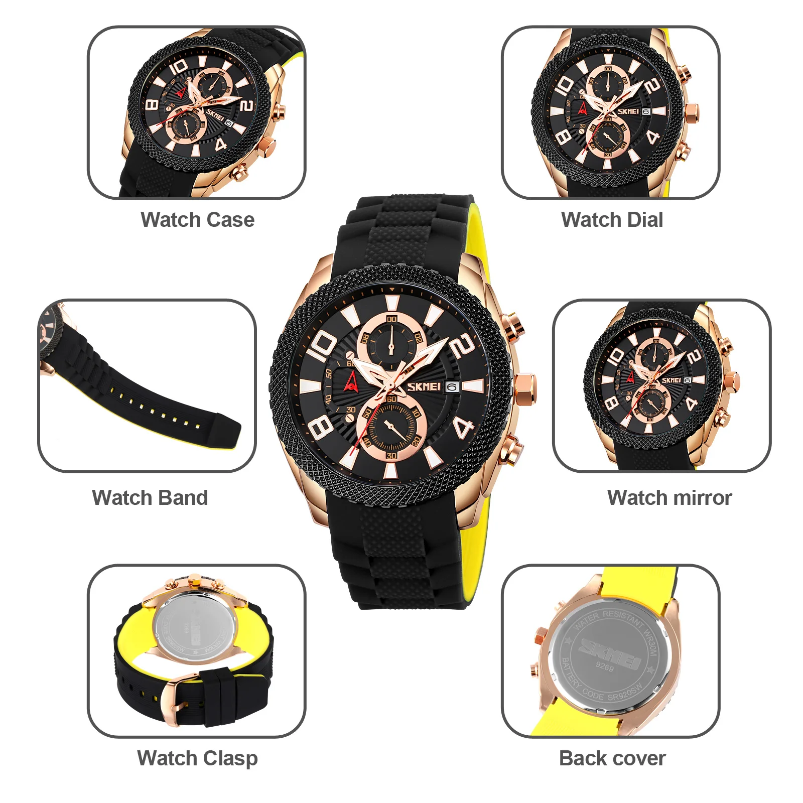 SKMEI Fashion Sports Watch Four Display Dial Silicone Dual Tone Strap Personality Waterproof Business Style Quartz Watch 9269