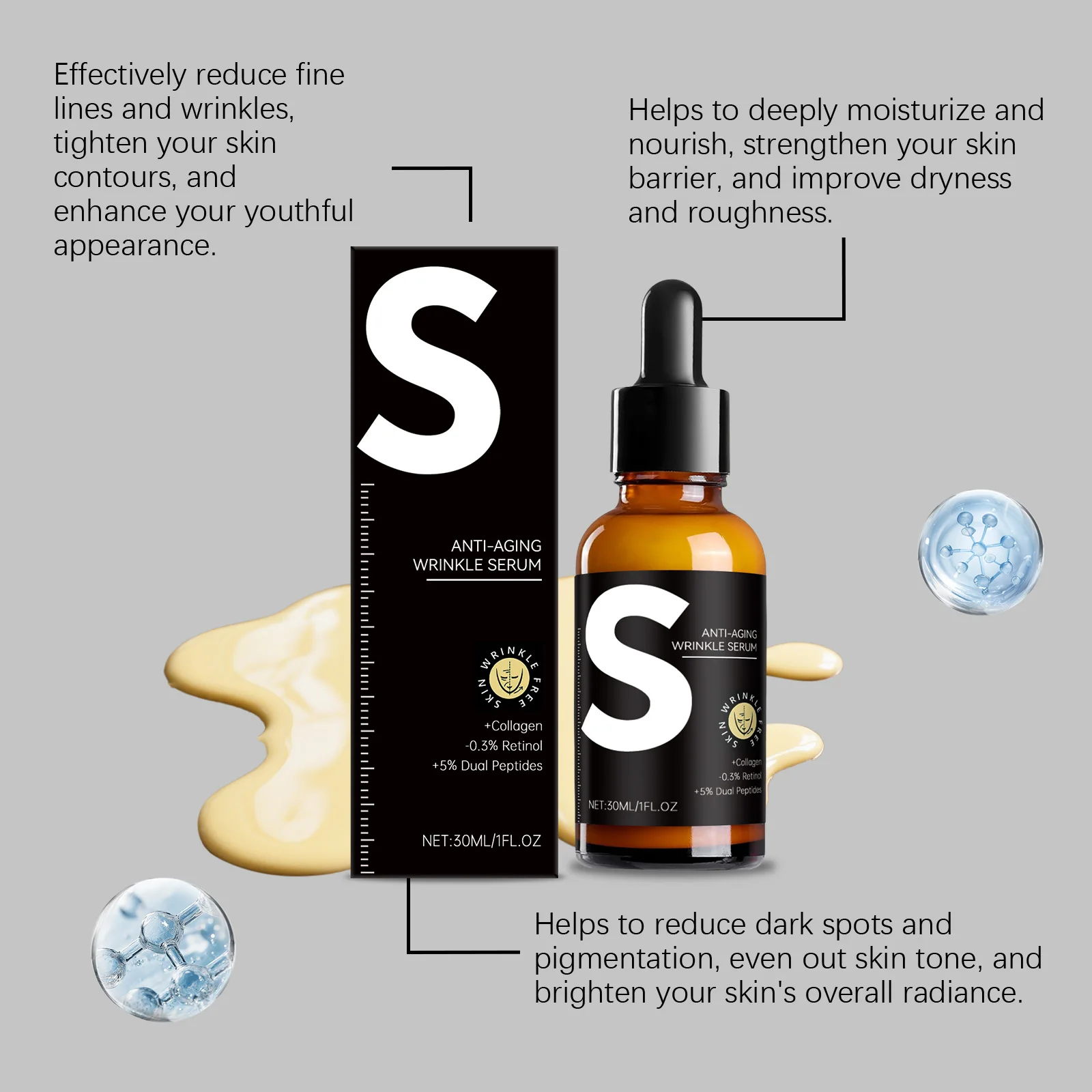 مصل الريتينول - يرطب ويضيء بشرة الوجه بشكل عميق، ويوازن مستويات الزيت والماء، ويقول المسام، ويغذي البشرة