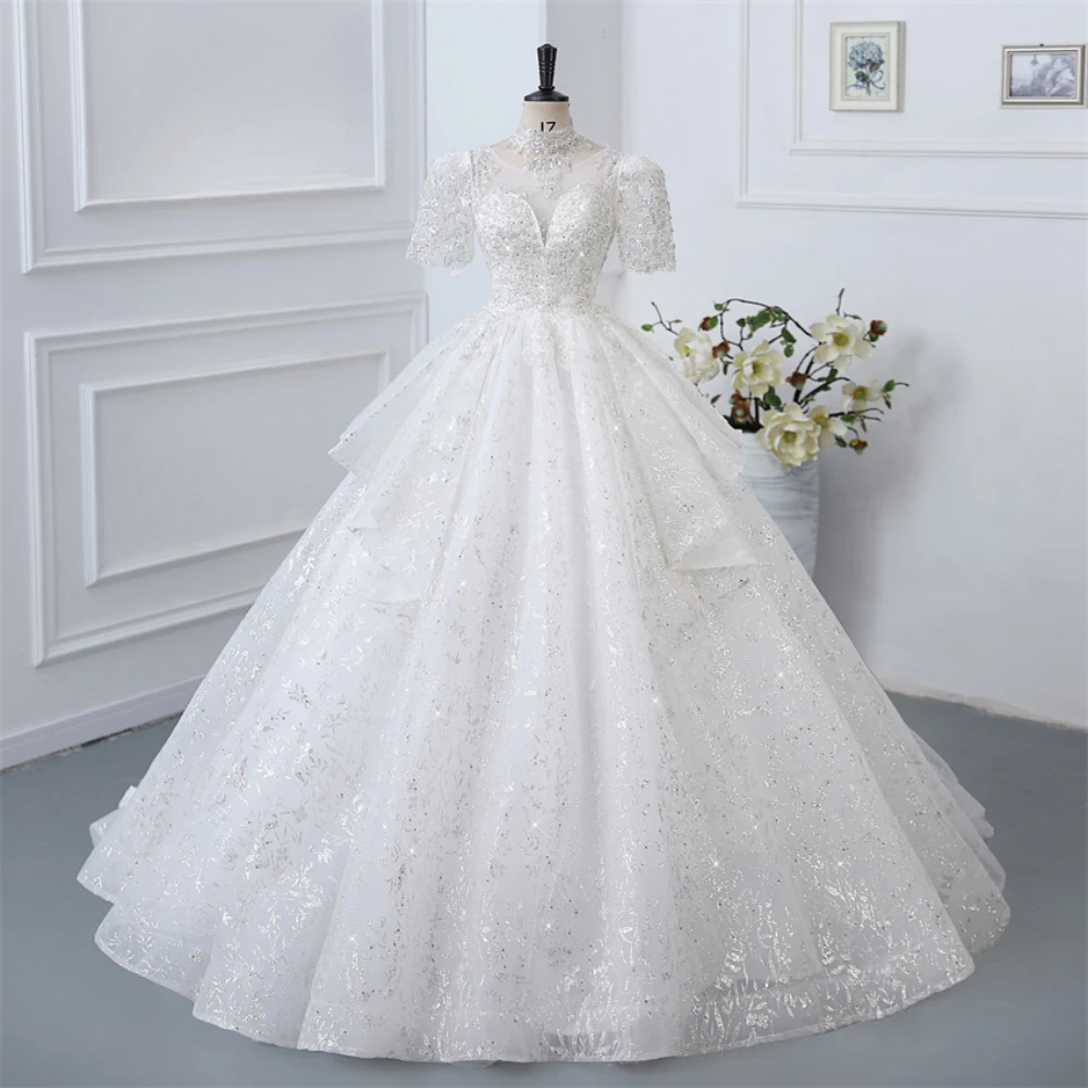 Sweet Princess Bright Sequin Sheer Lace Applied to Women's Wedding Dresses New High Quality Exquisite Bridal Dressing in Europe